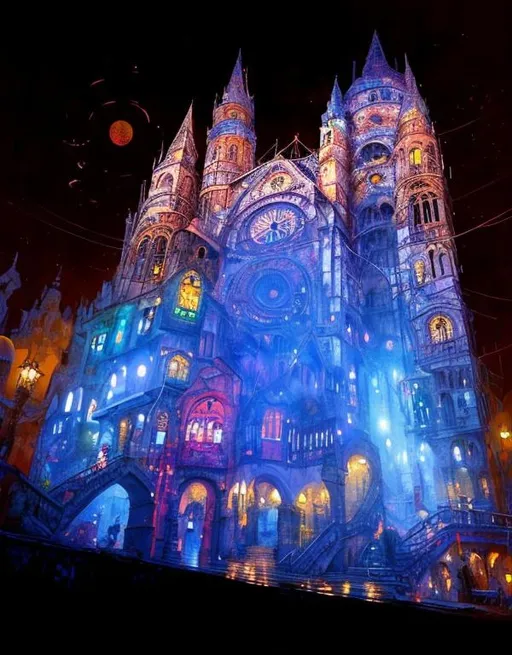Prompt: Hundertwasser, Guido Borelli, victo ngai, Esao Andrews, Charles Sorlier, Marc Chagall, Didier Lourenço, Leonid afremov, Arthur Rackham: a cyberpunk starlight cathedral. Best quality, beautifully lit, clear resolution, cinematic smooth, polished finish, 3d. 