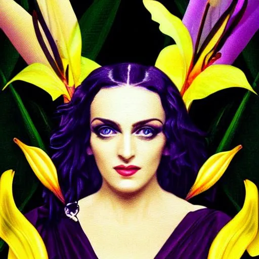 Prompt: beautiful black haired woman purple eyes madonna, gold yellow dress, white lily, black cat, river, jungle, toucan, vermeer art nouveau