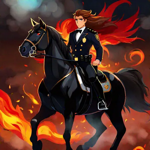 Prompt: Caleb  as a police officer (brown hair) (brown eyes) wearing a tuxedo, full body, riding a (demon horse, glowing red eyes, black coat, firey mane and tail)