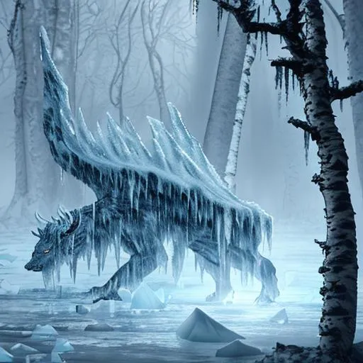 Prompt: Demonic force, ice, rain, iceberg, icy tundra, bleeding, blood, animalistic, demonic, draconic, forest, trees, birch