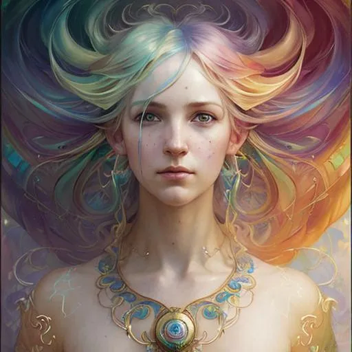 Prompt: Portrait of a rainbow goddess, rainbow hair and eyes, hyper detailed, flowing, floating, casting magic, elf ears, oil painting effect Krenz Cushart + loish +gaston bussiere +craig mullins, j. c. leyendecker +Artgerm, oil painting texture.