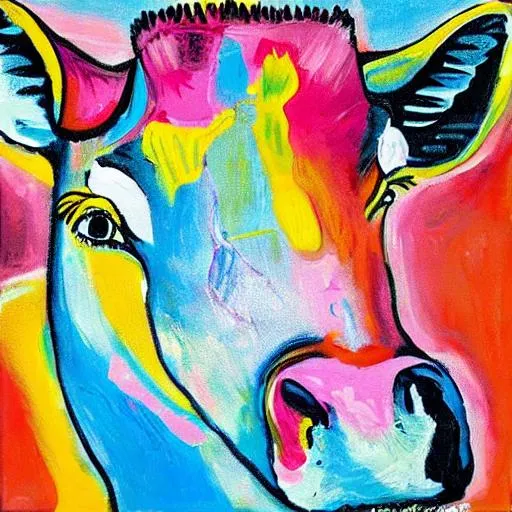 Prompt: A bright, vibrant, dynamic, spirited, vivid painting of a dairy cow with a giraffe pattern. 