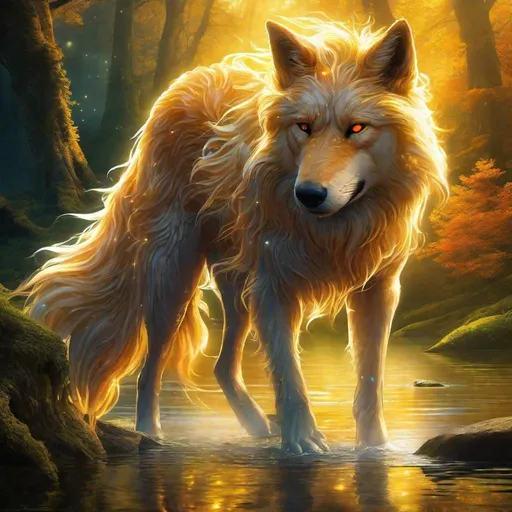 Prompt: Insanely beautiful (canine quadruped) that is glowing, thick golden mane, on two legs, translucent, luminescent, illusion, glistening fiery mane, glows like the sun, flaming red eyes, majestic wolf face, energetic fox, in a enchanted woods near a lake, fantasy, magical, sunrise, beneath the stars, crystal lake, waterfall, bioluminescent, highres, best quality, concept art, epic digital art, intricately detailed, cinematic, 8k eyes, highly detailed eyes, highly detailed, 64k, vibrant, UHD, professional