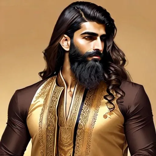 Prompt: handsome dark skin arab man long wavy sandy brown hair gold eyes short beard fit long hair traditional clothing kurta