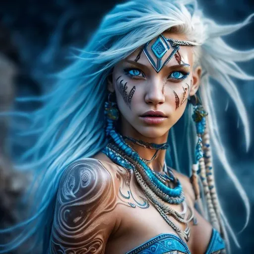 Prompt: professional modeling photo Kida as live action human woman hd hyper realistic beautiful athletic warrior woman white hair tan skin blue eyes beautiful face  blue tribal outfit and jewelry and tattoo enchanting atlantis hd background with live action realistic magical water