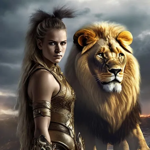 Prompt: 
female warrior with blonde hair
and a lion







