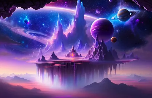 Prompt: Space, fantasy kingdom on a floating island, clouds, stars, planets, waterfalls, nebulae, mystical, purple, pink, blue, trending on artstation, highly detailed matte painting