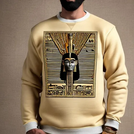 Prompt: Men's winter black wool sweatshirt inspired by the ancient Pharaonic civilization and written on it in golden color in the ancient Egyptian language I am Egyptian