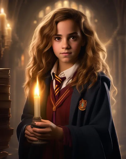 Prompt: Illuminate Hermione Granger in a character redesign with soft, warm lighting to evoke a sense of wonder and magic. Use a high-quality camera and a portrait lens to capture intricate details of her expression. The mood should be empowering and mystical, in the style of renowned fantasy artists.