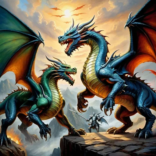 Prompt: opposing dragon armies in arial combat, knights mounted on dragons in armor with spears , fierce expressions, mythical landscapes, high fantasy, Dragon riders, Chivalric Knights, in realistic oil painting, flying through the sky in combat, majestic dragons  mythical landscapes, high fantasy, oil painting, vibrant colors, epic scale, detailed armor, stunning face, atmospheric lighting, professional, highres, fantasy, oil painting, ethereal, fierce expression, varied colors, high fantasy