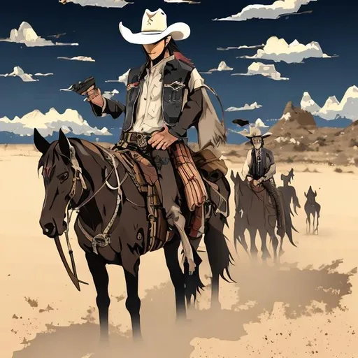 Prompt: cowboy anime style with revolver walking beside a mustang horse

