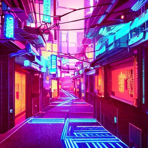 Prompt: a futuristic cyberpunk japanese izayaka alley with neon lights and lanterns, soft glow, intricate, cybernetic, trending on artstation, octane render, colorful, by rossdraws and makoto shinkai