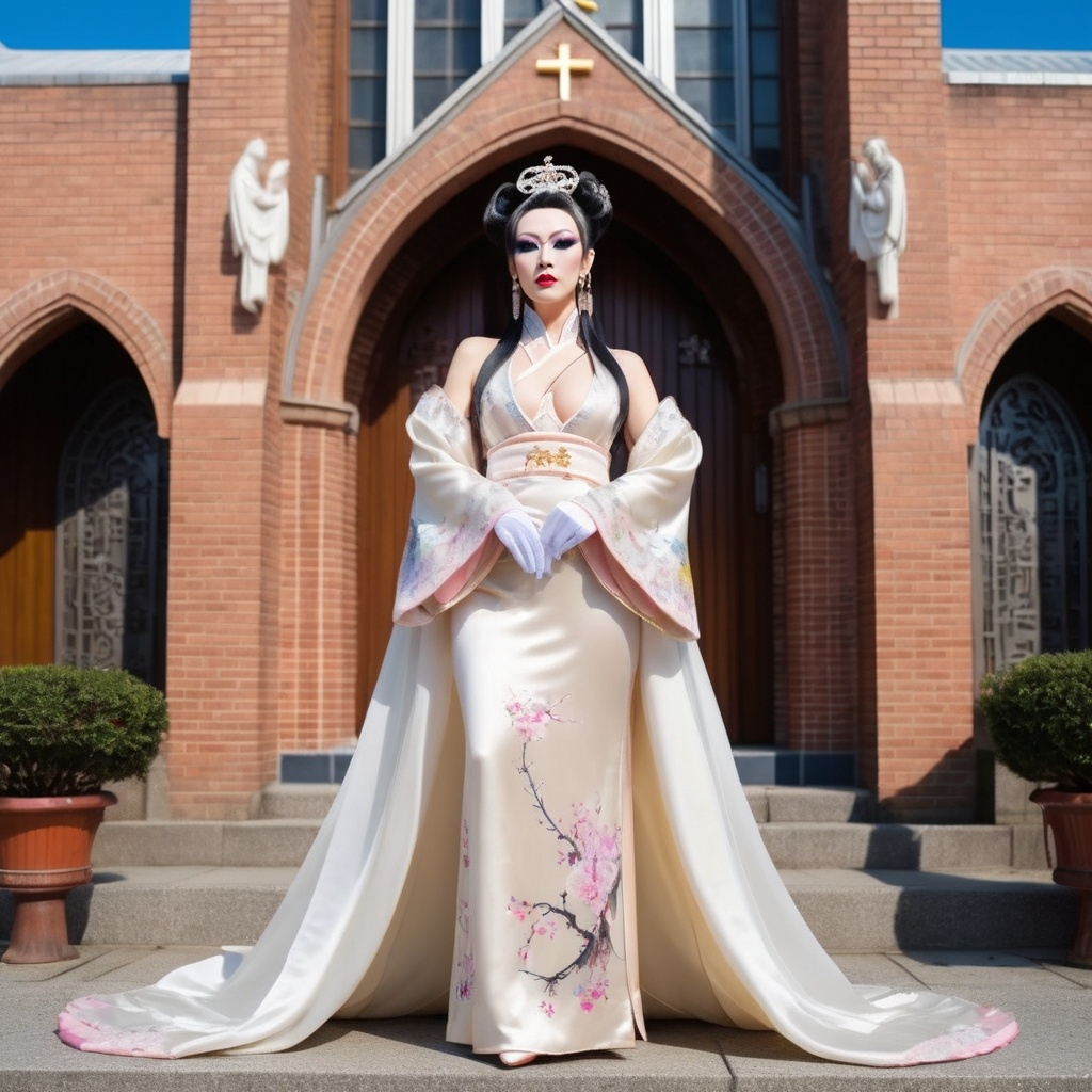 A beautiful Chinese drag queen with big busom wears...