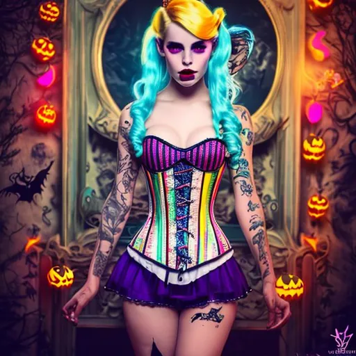 Prompt:  Very Beautiful Tattooed Alice in Wonderland blonde hair Neon blue/red/yellow/white corset, leg garters, cinematic, ultra definition, Perfect processing, UDH, sharp, Halloween-themed, ultra-realistic, enhanced focus, vivid color, 