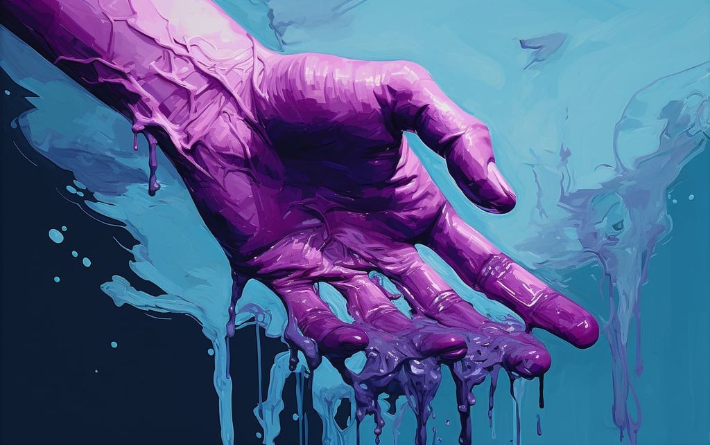 Prompt: the thorny issue of, in the style of psychological phenomena illustrations, purple and cyan, bold shadows, gesture driven, dripping paint, flattened perspective, contrasting backgrounds