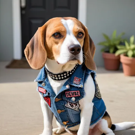 Prompt: beagle wearing a heavy metal music denim vest with patches