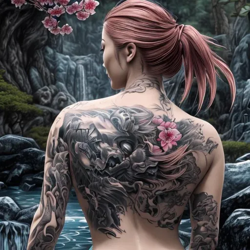 Prompt: (masterpiece) (very sharp) (4K UHD) (best quality) (hyper realistic). Back view, tattooed woman into japanese hot springs, extremely detailed face, extremely detailed eyes, absolutely real, extremely detailed hair, straight long hair, 3D illustration, extremely detailed lips, extraordinary beauty, cherry blossom background, waterfall background, extremely detailed tattoo art.