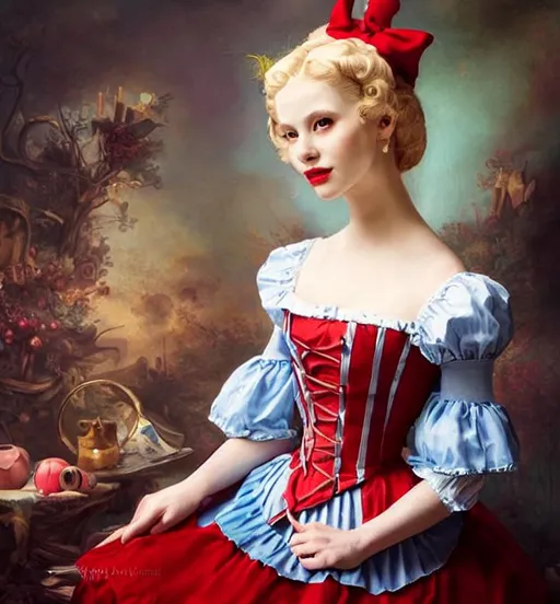 Prompt: oil painting by Rembrandt Leonardo DaVinci and Artgerm PIN-UP GIRL dresses as Alice in Wonderland, award-winning cgi, blender 