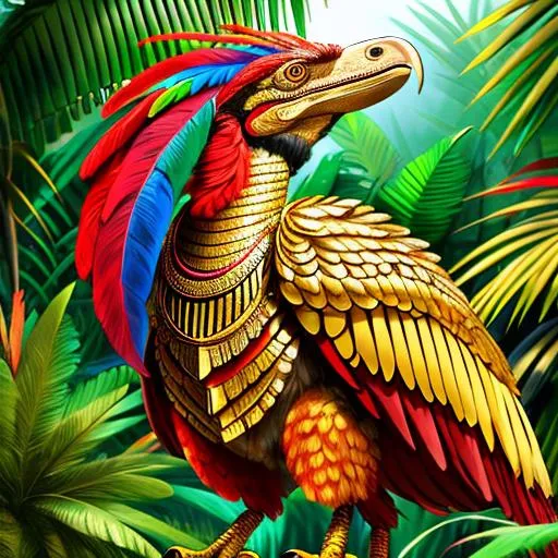 Prompt: A humanoid velociraptor wearing gold and red Ancient Mayan scale armor with many colorful feathers. in a jungle.