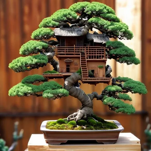Prompt:  Bonsai with a wooden tree house
