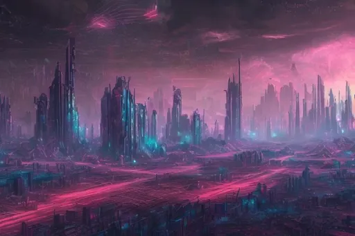 Prompt: landscape of a city in a world ruled by malicious AI