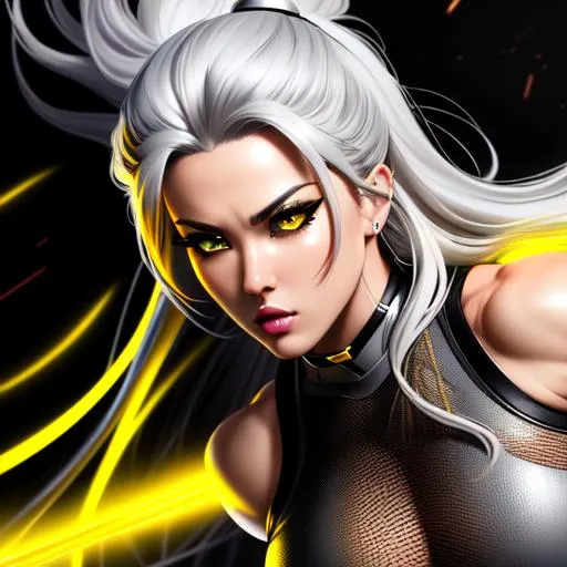 Prompt: Hyper realistic detailed full body badass action scene image of feminine ((sexy woman)) who has ((yellow electric charged eyes)), ((ash gray hair)) with ((sexy mesh
 outfit)) with plunging neckline, fight pose, angled low POV, balayage wild hair, determined face expression, highly detailed, digital painting, Trending on artstation, HD quality, ((huge breast)), ((sexy))