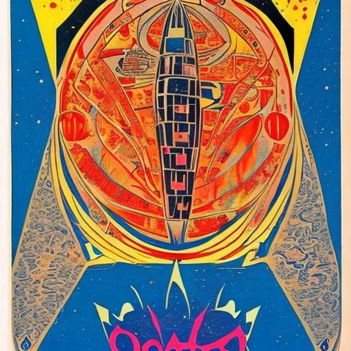 Prompt: 70s poster spaceship arabic medieval style
