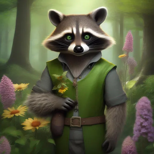 Prompt: anthropomorphic, raccoon, realistic, human proportions, green eyes, forest, botanist, flowers in tail, fluffy tail, medieval, high definition, professional