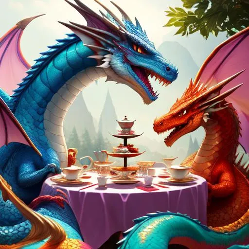 Prompt: colorful dragons having a tea party, and a cute face, perfect composition, hyperrealistic, super detailed, 8k, high quality, trending art, trending on artstation, sharp focus, studio photo, intricate details, highly detailed, by greg rutkowski, illustration, watercolor