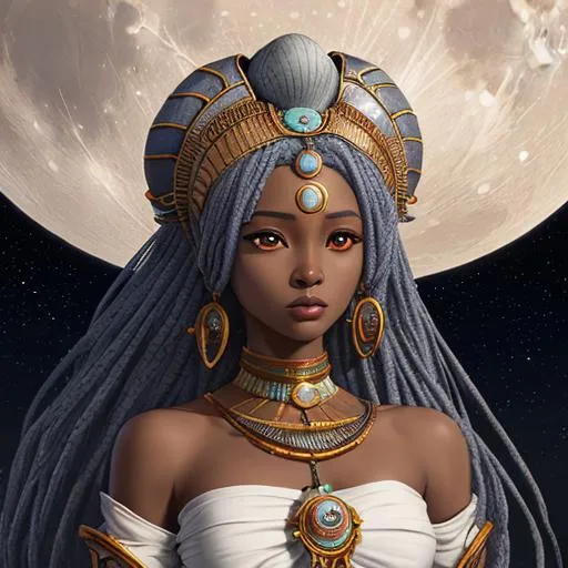 Prompt: An anime semi-realistic African descendant goddess of the moon. 