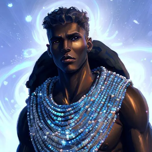 Prompt: Photorealistic image of Celestian, God of the Stars and Wanderers, a tall, lean man, wearing black garments encrusted with jewels that shine like distant suns. With smooth ebony skin and black eyes deep like a sea of stars