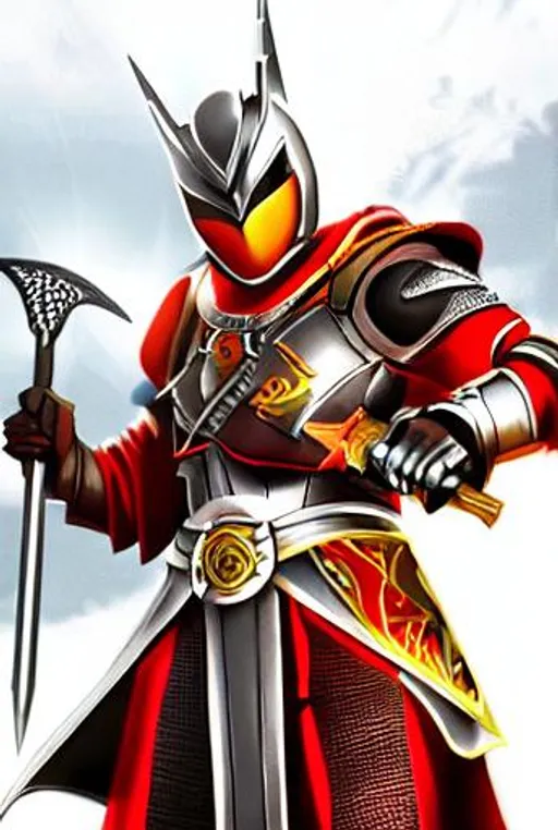 Prompt: Silver Knight defending medieval castle, flames, night time, knights and cavalry, Kamen Rider Saber theme, High quality, sharp focus, extremely detailed, HD, night time, swords