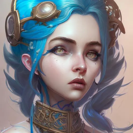 Prompt: a League of Legends FAN ART Portrait of JINX The Loose Cannon, blue hair, long pigtail, intricate, elegant, highly detailed, digital painting, concept art, smooth, sharp focus, illustration, by Laurie Greasley,Lawrence Alma-Tadema,Dan Mumford,artstation,deviantart,Unreal Engine,face enhance,8K,golden ratio,cinematic lighting
