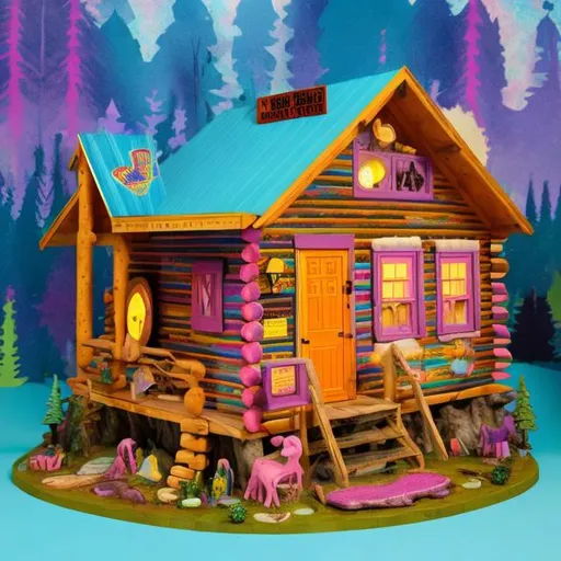 Prompt: Lisa frank style cabin in the woods diorama