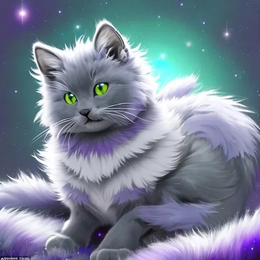 Prompt: Dark grey cat, blueish-purple eyes, white speckles like stars all over her body, fluffy, poofy tail, hiper realistic, background is a forest