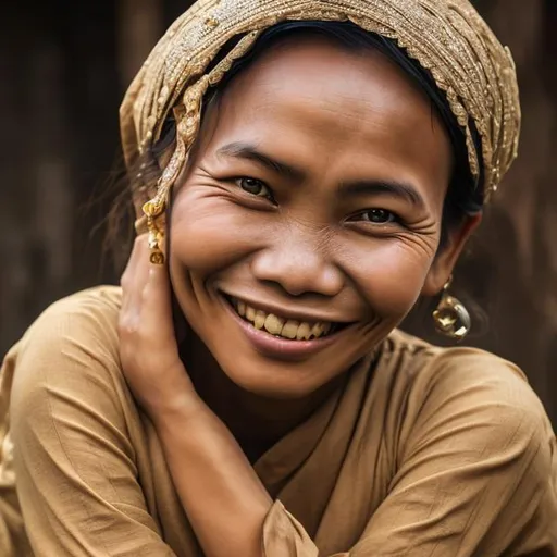 Prompt: Javanese woman with a mysterious smile. eyes reveal deep serenity