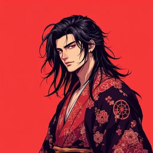 Prompt: a young, handsome Japanese man with fair skin and very long, black hair, wearing a black and red yukata