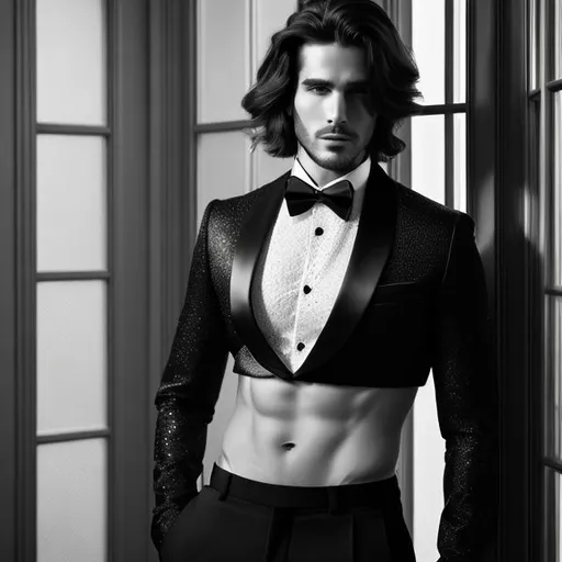 Prompt: a gorgeous photo of an attractive extremely long-haired young man with a six pack abs wearing a crop top black long sleeve tuxedo with a bowtie, black tuxedo pants, and a bare midriff, he also has an exposed belly button, staring at the window, with lights coming from the windows on a late morning, 4k, dramatic, intricate, elegant, highly detailed, digital painting, artstation, concept art, smooth, sharp focus, illustration