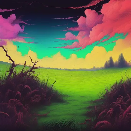 Prompt: 
Demon Breath, demonic fog hiding horrors, grassy field with vivid sky, best quality, masterpiece, in psychedelic style