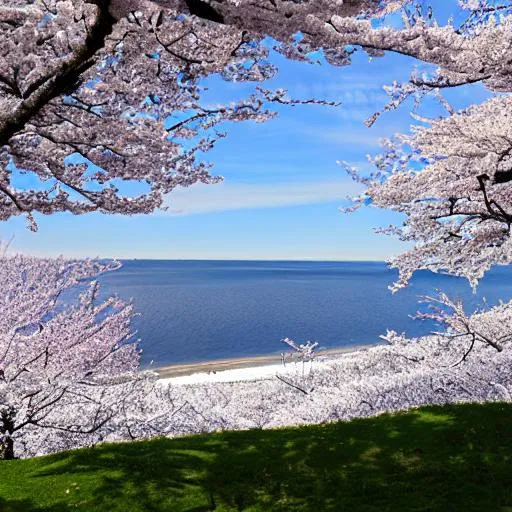 Prompt: beach view from the top of the cliff with cherry trees and snow