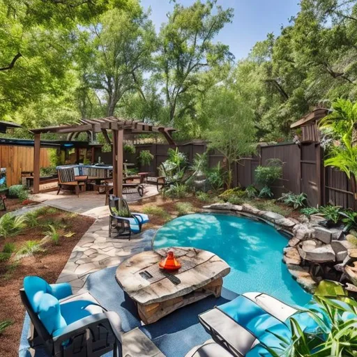 Prompt: a backyard oasis with bbq and kayaks and river