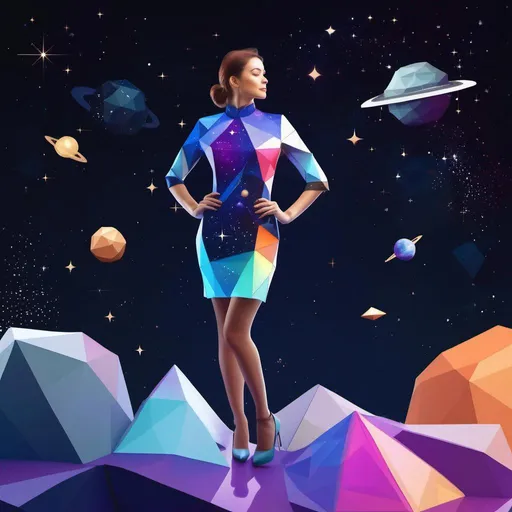 Prompt: a woman wearing outer space as a dress, low poly