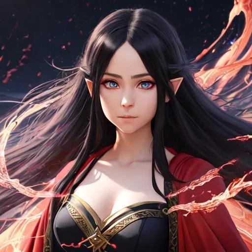 Prompt: "Full body, oil painting, fantasy, anime portrait of a young hobbit woman with flowing ash black hair and dark blue eyes, short elf ears | wearing intricate fiery red wizard robes, #3238, UHD, hd , 8k eyes, detailed face, big anime dreamy eyes, 8k eyes, intricate details, insanely detailed, masterpiece, cinematic lighting, 8k, complementary colors, golden ratio, octane render, volumetric lighting, unreal 5, artwork, concept art, cover, top model, light on hair colorful glamourous hyperdetailed medieval city background, intricate hyperdetailed breathtaking colorful glamorous scenic view landscape, ultra-fine details, hyper-focused, deep colors, dramatic lighting, ambient lighting god rays, flowers, garden | by sakimi chan, artgerm, wlop, pixiv, tumblr, instagram, deviantart