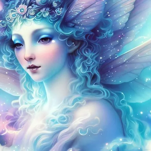 Prompt: fairy goddess of the cosmos, ethereal,dreamscape, pale blue colors, closeup
