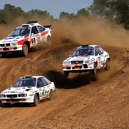 Prompt: old rally subaru impreza winning a championship in the dirt as a cartoon