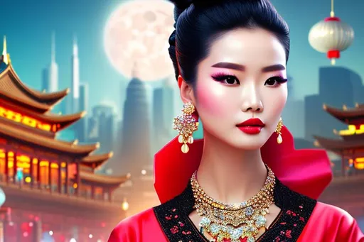 Prompt: head-on, surreal cartoon, high fashionista pose, glossy, walking toward viewer, stunning Chinese queen with hair pulled back into a bun, she is dressed like a summer queen, dramatic jewelry, statement necklace, background is architecture lit by the moon,  trending on artstation