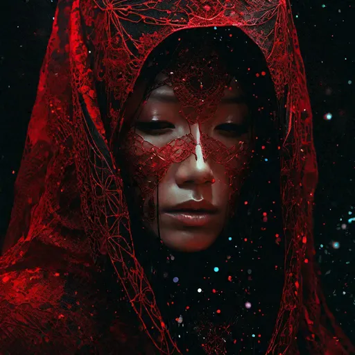 Prompt: "Black and red : Portrait of a crying priestess with a red veil : shiny aura : highly detailed : nacreous filigree : intricate motifs : organic tracery : by Android jones : Januz Miralles : Hikari Shimoda : constellations map by W. Zelmer : perfect composition : digital painting : artstation : smooth : sharp focus : sparkling particles"