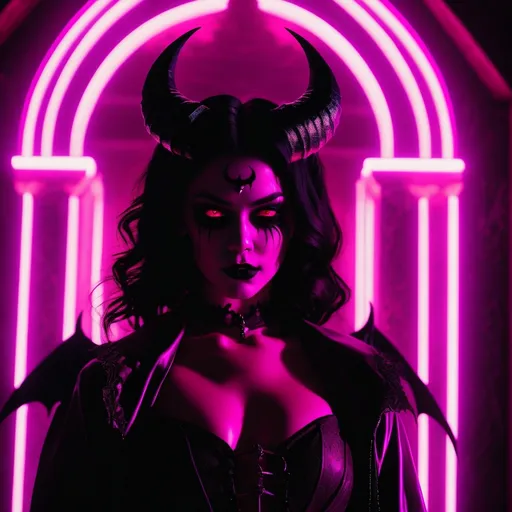 Prompt: beautiful female demon, hell, demonic, gothic, vaporwave, retro, neon, aesthetic, liminal, high quality, high definition, beautiful, dramatic lighting