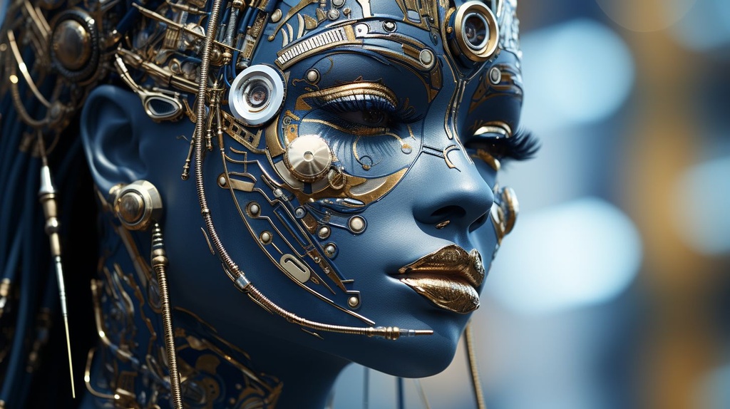 Prompt: art & design|abstract art|abstract art wall art|abstracts wall art | computer desktop wallpapers | photo wallpapers | 3d, in the style of whimsical cyborgs, realistic hyper-detailed portraits, dark silver and indigo, afrofuturism, human connections, strong facial expression, realistic hyper-detailed rendering