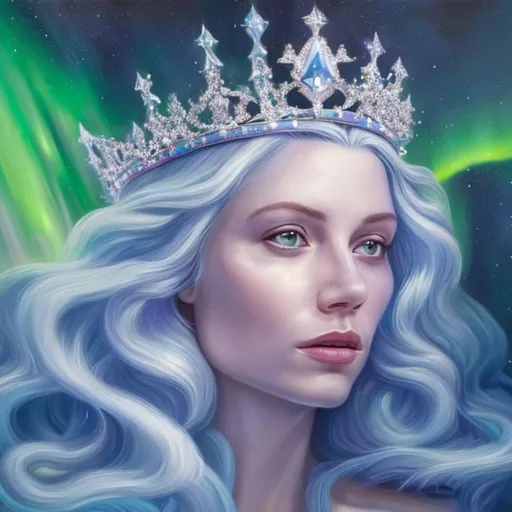 Prompt:  High-resolution hyperrealistic painting of aurora with a big crown with blue daimond 